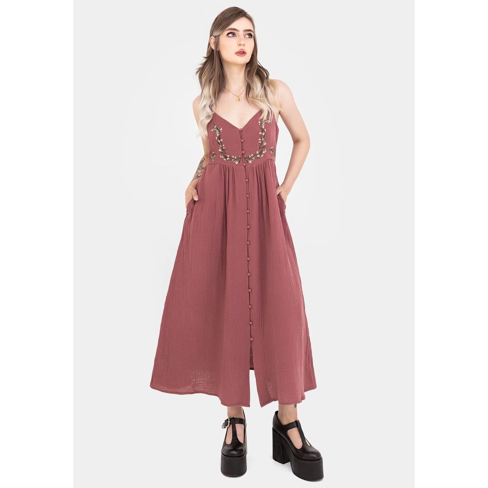 Disturbia Mauve Cotton Gauze Embroidered Button Down Midi Dress Pockets US 12